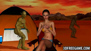 Twin Goblins Seduce Busty Babe Beneath Moonlight in Wild Forest Threesome
